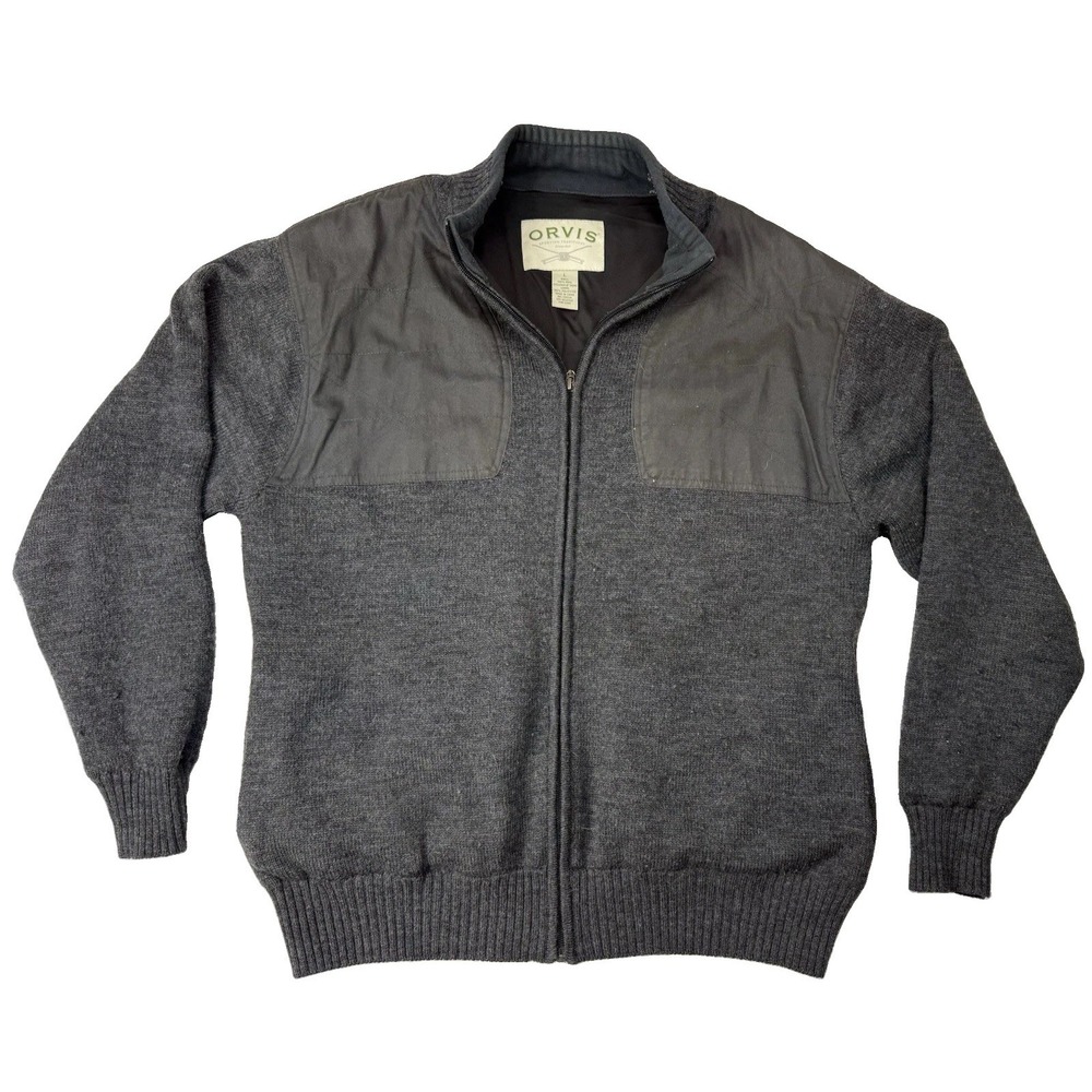 Orvis 100% Wool Sweater Jacket Mens Large Full Zip Polyester Lined Gray